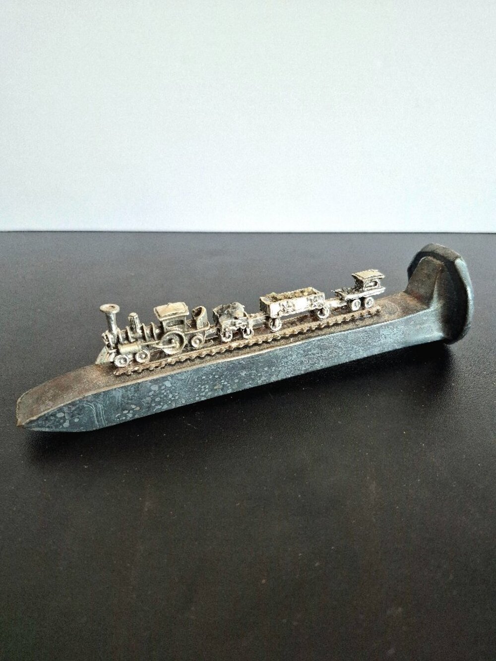 Vintage Railroad Spike With Pewter Locomotive Train